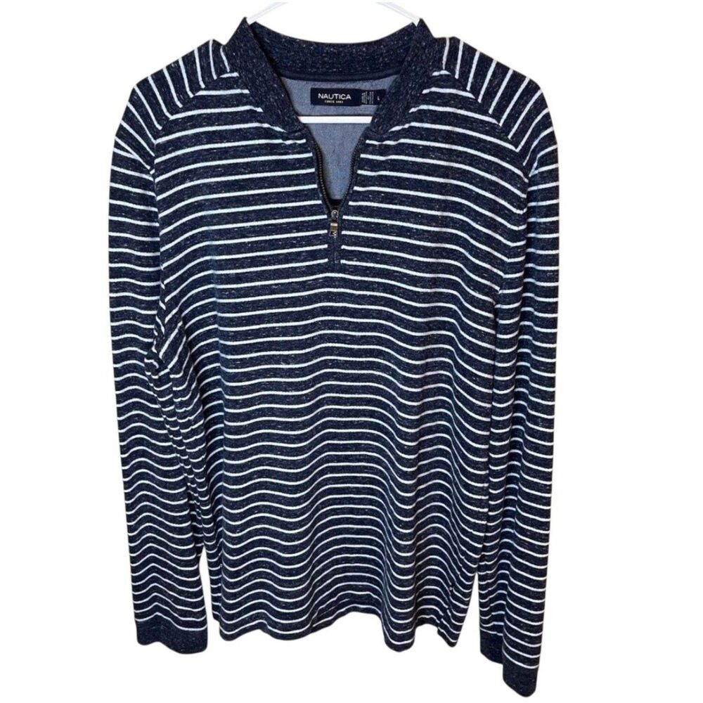 Nautica Womens Large Navy Blue Candy Striped Quarter Zip Pullover Sweatshirt